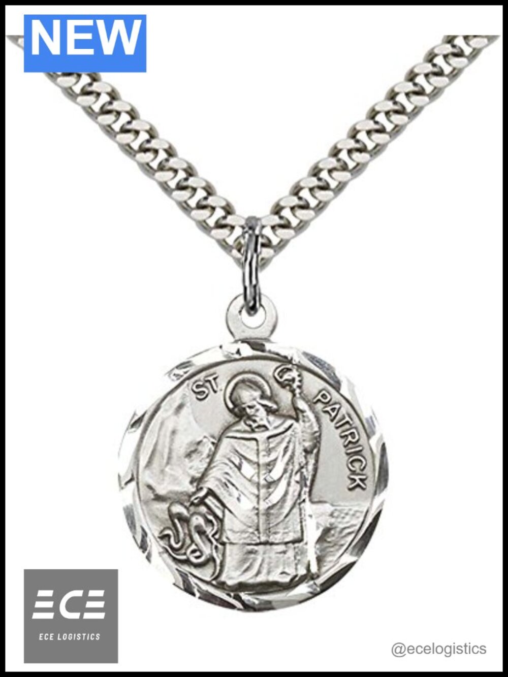 Sterling Silver St Patrick Pendant Necklace 24" Stainless Steel Curb Chain